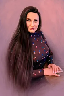 Портрет девушки с тёмными волосами выполнен на нейтральном розовом фоне и стилизован под масло, художник Анастасия 