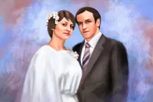 Свадебная пара под масло, мужчина в строгом классическом костюме и женщина в белом свадебном платье, художник Александра 