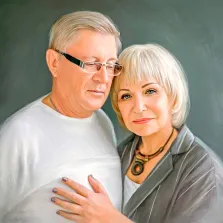 Работа выполнена Под масло, на картине изображены мужчина в очках и белой футболке и женщина в пиджаке и с короткой стрижкой, художник Анастасия 