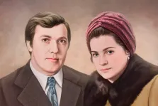 Портрет пары Под масло, мужчина в классическом коричневом пальто, женщина в светлом пальто с меховым воротником, художник Антонина