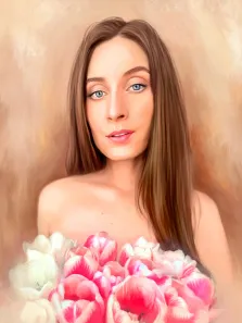 Портрет русоволосой девушки с голубыми глазами и букетом цветов, работа стилизована Под масло, художник Анастасия 
