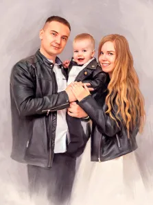 Семейный свадебный портрет Под масло, вся семья одета в кожаные куртки, художник Анастасия 