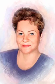 Женский портрет Под масло, женщина в фиолетовом свитере на абстрактном фоне, художник Анастасия 