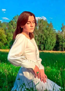 Портрет девушки в белом платье на фоне поля и деревьев, работа выполнена Под масло, художник Анастасия