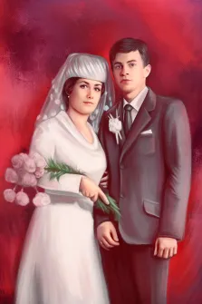 Парный свадебный портрет на красном фоне, девушка в белом свадебном платье и молодой человек в классическом костюме Под масло, художник Павел 