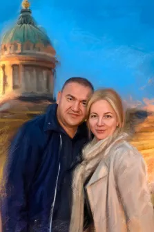 Маслом, художник Александра,  портрет пары на фоне Казанского собора в Санкт-Петербурге в стиле под масло