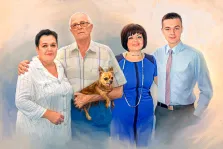Семейный портрет Под масло, отрисованы четыре человека и собака, художник Анастасия