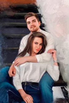 Парный портрет Под масло, молодой человек и девушка в белых рубашках сидят на ступеньках, художник Александра 