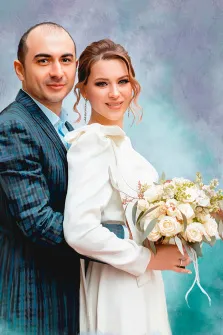 Парный портрет маслом, молодой человек в синем классическом костюме в клеточку и девушка в белом платье с букетом цветов в руках, художник Валерия 