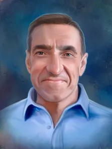 Мужской портрет маслом, кареглазый мужчина в голубой классической рубашке на нейтральном синем фоне, художник Павел 