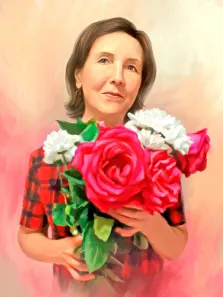 Женский портрет маслом, женщина с букетом цветов в руках и в красном платье в чёрную клетку на нейтральном светлом фоне, художник Анастасия 