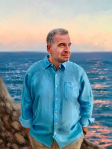Портрет мужчины в голубой рубашке на фоне моря выполненный Под масло, художник Александра 