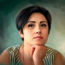 Женский портрет Под масло, кареглазая девушка с короткими тёмными волосами на зелёном фоне, художник Анастасия 