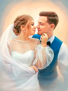 Свадебный парный портрет маслом, светловолосая девушка в белом платье и молодой человек в белой классической рубашке с синей жилеткой и бабочкой, художник Анастасия 