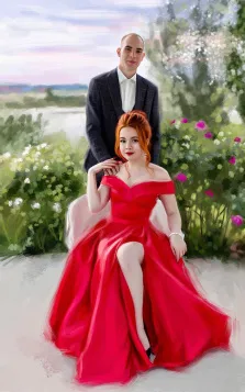 Парный портрет маслом, девушка в красном платье сидит на стуле и мужчина в классическом костюме в клетку стоит сзади, художник Александра 