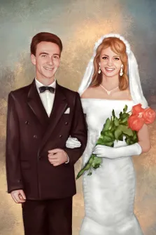 Парный свадебный портрет исполнен Под масло, молодой человек в чёрном классическом костюме с белой рубашкой и чёрной бабочкой и девушка в белом свадебном платье с букетом красных роз в руках, художник Павел 