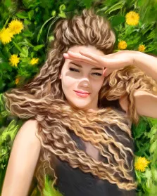 Девушка блондинка лежит в зелёном поле и прикрывает лицо от солнца ладонью, портрет выполнен Под масло, художник Александра 