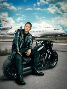 Портрет мужчины в кожаном плаще на мотоцикле, на фоне изображён самолёт, работа выполнена Под масло, художник Павел 