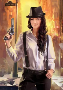 Женский портрет в стиле комикс, девушка в белой рубашке и классических брюках с подтяжками в чёрной шляпе и с пистолетом в руке, художник Валерия
