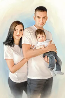 Семейный портрет на три персоны стилизован Под масло, кареглазая девушка в белой футболке и молодой человек в белой футболке держит ребёнка на руках, художник Анастасия 