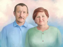 Парный портрет выполнен Под масло, мужчина в голубой классической рубашке и женщина в зелёной блузке, художник Анастасия 