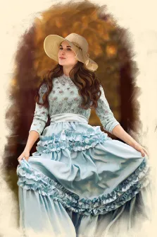 Женский портрет маслом, девушка в голубом платье и светлой шляпе на фоне леса, художник Валерия 
