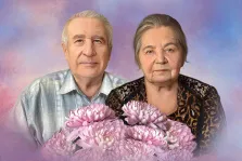 Парный портрет Маслом, пожилые мужчина и женщина с букетом на нейтральном цветном фоне, художник Павел 