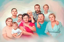 Семейный портрет маслом на десять человек на цветном светлом фоне, художник Анастасия 