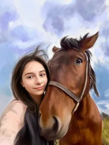Портрет кареглазой девушки с конём на фоне поля, работа выполнена од масло, художник Александра 