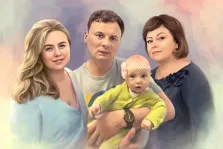 Семейный портрет на четыре человека, две женщины и мужчина с ребёнком на нейтральном светлом фоне, работа исполнена маслом, художник Анастасия 
