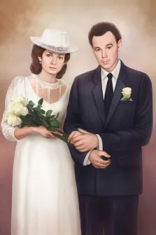 Парный свадебный портрет выполненный маслом, девушка в белом свадебном платье и в белой шляпке с букетом в руках, молодой человек в классическом тёмном костюме с белой рубашкой и с чёрным галстуком, из кармана пиджака показывается белая роза, художник Антонина