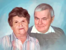 Парный портрет пожилой пары маслом, кареглазая женщина с короткой стрижкой и в полосатый рубашке, мужчина с голубыми глазами и в сером свитере, художник Анастасия 