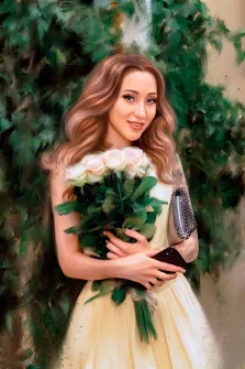 Женский портрет маслом, девушка в белом платье с букетом белых роз в руках на фоне растений, художник Павел 