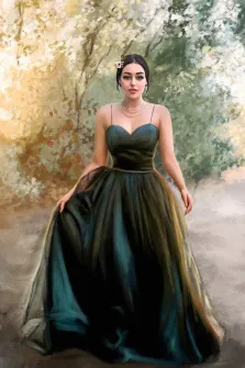 Женский портрет Маслом, девушка в платье малахитового цвета с цветком в волосах на фоне природы, художник Александра 