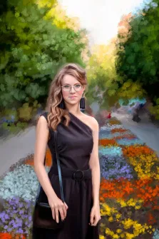 Девушка в очках, с сумкой и в чёрном платье с открытым плечом на фоне цветочной аллеи, работа выполнена Под масло, художник Александра 