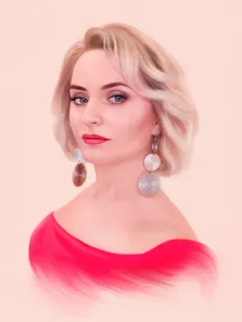 Женский портрет Под масло, девушка блондинка с серьгами-медальонами в красном платье на светлом нейтральном фоне, художник Антонина