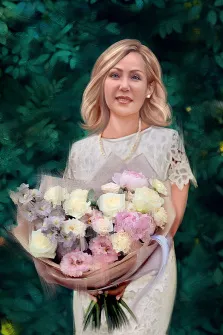 Портрет женский Под масло, голубоглазая девушка блондинка в белом платье и с букетом цветов в руках стоит на фоне природы, художник Павел 