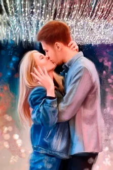 Парный портрет Под масло, молодой человек и девушка целуются на фоне гирлянд, художник Александра 