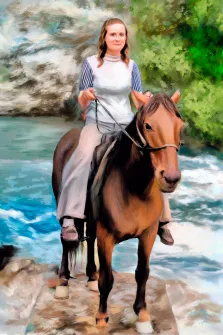 Портрет девушки на коне на фоне реки, художник Александра 