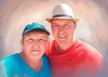 Парный портрет маслом, светловолосая женщина в голубой кепке и в голубой футболке и мужчина в красной футболке и в соломенной шляпе, художник Анастасия 