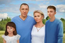 Семейный портрет на четыре человека стилизован под масло, отец с сыном в синих кофтах и мама с дочкой в белых платьях, художник Павел 