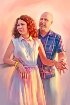 Парный портрет Под масло, лысый мужчина в клетчатой цветной рубашке держит за руку кудрявую девушку в белом платье с открытыми плечами,   художник Анастасия 