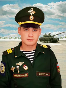 Портрет мужчины в военной парадной форме с танком на фоне, картина написана маслом, художник Павел 