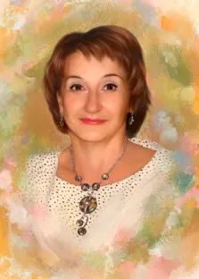 Женский портрет Под масло, кареглазая женщина с короткой стрижкой в белом платье на абстрактном цветном фоне, художник Софья 