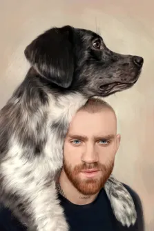 Мужской портрет Под масло, голубоглазый бородатый мужчина с серьгой в носу держит на спине собаку, художник Анастасия 