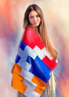 Женский портрет Под масло, русоволосая голубоглазая девушка в разноцветной накидке изображена на абстрактном цветном фоне, художник Анастасия 