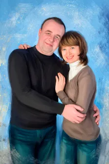 Парный портрет Под масло на нейтральном синем фоне, зеленоглазый мужчина в чёрном свитере обнимает русоволосую девушку в коричневом свитере, художник Александра 