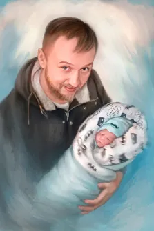 Семейный портрет маслом, бородатый мужчина держит на руках младенца на голубом нейтральном фоне, художник Анастасия 