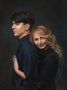 Парный портрет Под масло на тёмном фоне, светловолосая девушка обнимает молодого человека в тёмно-синей рубашке, художник Александра 