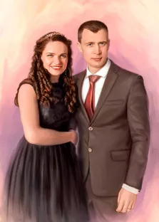Парный портрет маслом, голубоглазая девушка с витыми волосами в чёрном платье и молодой человек в коричневом классическом костюме с белой рубашкой и красным галстуком, художник Анастасия 